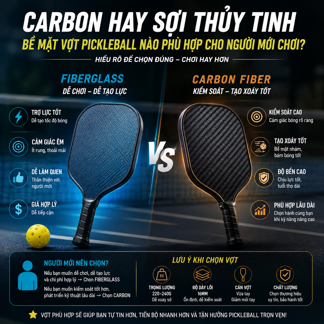 Carbon, Sợi Thủy Tinh: Bề Mặt Vợt Pickleball Nào Tối Ưu Cho Người Mới Chơi? - anh 1